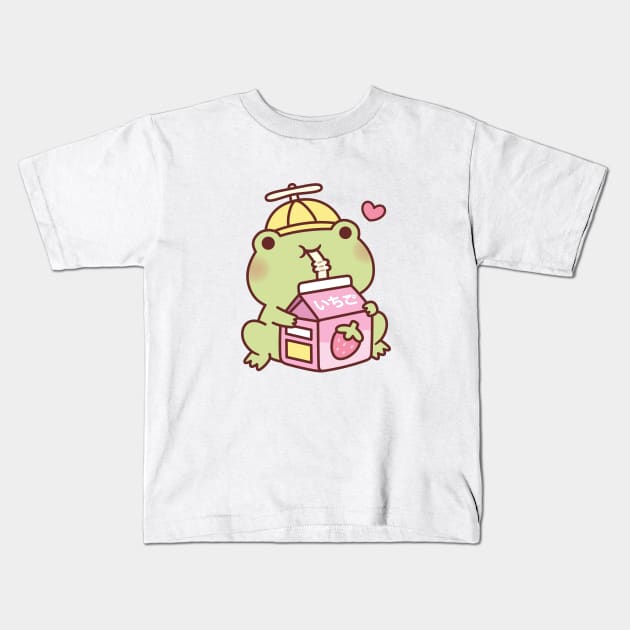 Cute Frog Loves Strawberry Milk Kids T-Shirt by rustydoodle